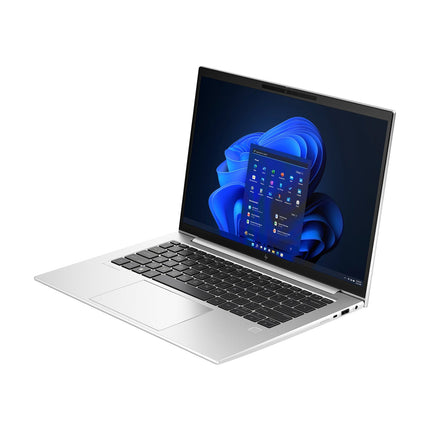Front view of a refurbished HP EliteBook 845 G10 laptop, showcasing its 14” FHD display, sleek silver exterior, and black keyboard, with the Windows 11 start menu visible on the screen against a white background. Powered by an AMD Ryzen 7 Pro 7840U processor. - View 4