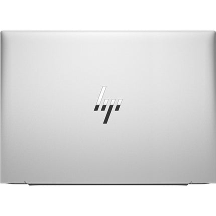 Top view of a closed, silver HP EliteBook 845 G9 laptop with centered logo on white background, showing AMD Ryzen 5 Pro specs. - View 2