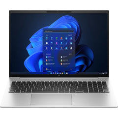 Front view of a refurbished HP EliteBook 865 G10 laptop, open in silver with black keyboard, Windows 11, blue abstract wallpaper.