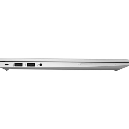 Side view of a closed, silver HP Mobile Thin Client MT46 refurbished laptop with a 14” FHD display and AMD Ryzen 3 Pro 4450U processor, showing two USB ports, a headphone jack, and a card reader slot on the left. The laptop has a thin, modern design. - View 3