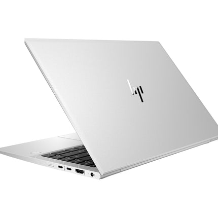 Angled rear-left view of a silver HP Mobile Thin Client MT46 laptop, partially open to showcase its black keyboard, available ports, and prominent HP logo on the lid; this refurbished 14” FHD device features an AMD Ryzen 3 Pro 4450U processor, 16GB DDR4 RAM, and a 256GB SSD for reliable performance. - View 2