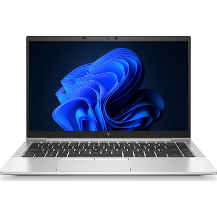 Front view of a refurbished HP Mobile Thin Client MT46 laptop with a sleek silver finish and black keyboard, featuring 8GB DDR4 RAM and a 256GB SSD. The 14” FHD display shows a blue abstract design on a dark background. Powered by an AMD Ryzen 3 Pro 4450U processor. - View 1