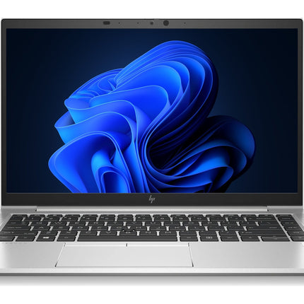 Front view of a refurbished HP MT46 laptop, 14” FHD display, Ryzen 3 Pro, 16GB RAM, 256GB SSD, with blue Windows 11 Pro wallpaper. - View 1