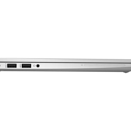 Side view of a closed silver HP MT46 Thin Client, showing two USB ports, audio jack, memory card slot, and disc drive. - View 3