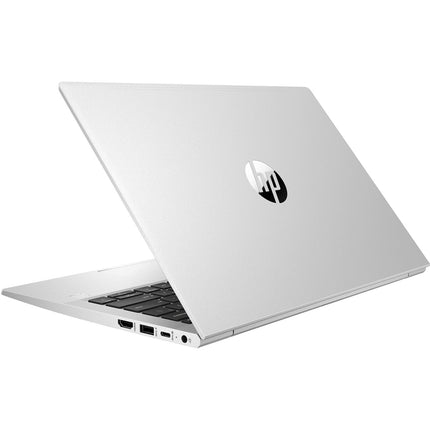 Angled view of a silver refurbished HP ProBook 430 G8 laptop with the lid partially open, displaying the port side, featuring a 13.3″ FHD screen, Intel Core i5-1135G7 2.4GHz processor, 16GB DDR4 RAM, and 256GB NVMe SSD. - View 2