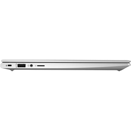 Side view of a silver HP ProBook 430 G8 laptop, featuring a security lock slot, USB-A port, headphone jack, and SD card slot. - View 3