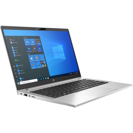 Angled view of a silver refurbished HP ProBook 430 G8 13.3″ FHD laptop with Intel Core i5-1135G7 2.4GHz, 16GB DDR4, 256GB NVMe SSD, and an open screen displaying the Windows 10 desktop. - View 5
