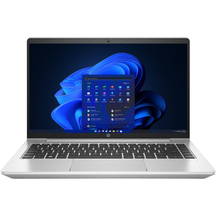 Front view of a refurbished silver HP ProBook 440 G9 laptop, 14″ FHD, Intel Core i5-1135G7 2.4GHz, 16GB DDR4, 256GB NVMe SSD, featuring a black keyboard and a screen displaying the Windows 11 start menu. - View 1