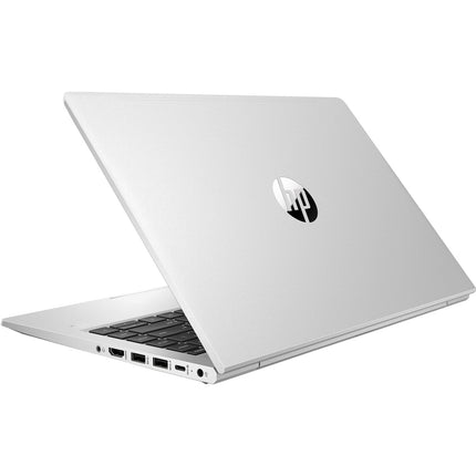 Refurbished silver HP ProBook 440 G9 14″ FHD laptop in an angled view with the lid partially open. - View 3