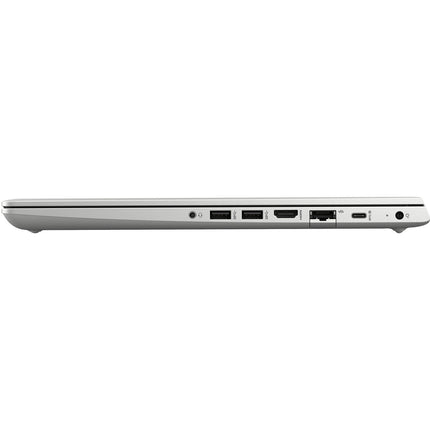 Side view of a silver HP ProBook 450 G7 laptop showing the headphone jack, two USB ports, HDMI port, Ethernet port, USB-C port, and power input. - View 3