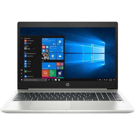 Refurbished silver 15.6″ HP ProBook 450 G7 laptop, front view, featuring a black keyboard and Windows 10 desktop screen. - View 1