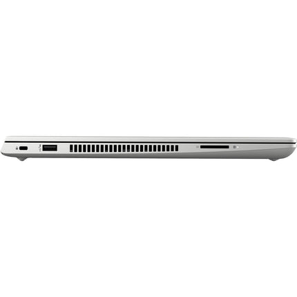 Side view of a thin silver HP ProBook 450 G7 laptop, highlighting the side ports and ventilation vent. - View 4
