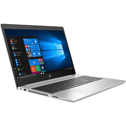 Angled view of a silver refurbished HP ProBook 450 G7 15.6″ FHD touch laptop, featuring an Intel Core i5-10210U 1.6GHz processor, 16GB DDR4 RAM, 256GB NVMe SSD, black keyboard, and Windows desktop display. - View 5