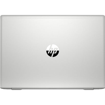 Top-down front view of a silver HP ProBook 450 G7 laptop lid, featuring a circular logo in the center and the model name printed along the bottom edge. - View 2