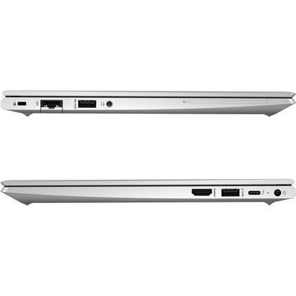 Side views of a silver HP ProBook 630 G9 13.3″ laptop, refurbished and closed, are shown against a white background. The image highlights the device’s Intel Core i7-1265U 1.8GHz processor, 32GB DDR4 RAM, and 512GB NVMe SSD, with visible ports on each side including Ethernet, USB, HDMI, SD card slot, headphone jack, and charging port. - View 4
