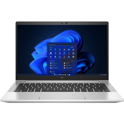 Front view of a refurbished HP ProBook 630 G9 laptop, showcasing its 13.3” display with the Windows 11 home screen and vibrant blue abstract wallpaper. The device features a sleek silver finish, black keyboard, Intel Core i7-1265U processor, 32GB DDR4 RAM, and a fast 512GB NVMe SSD for powerful performance and modern style. - View 1