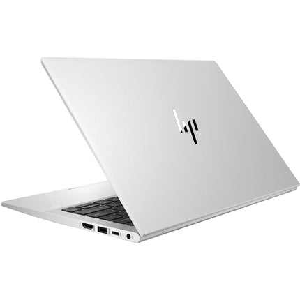An angled view of a silver HP ProBook 630 G9 (13.3”) laptop, partially open to show the keyboard and left-side ports. This refurbished HP laptop features an Intel Core i7-1265U 1.8GHz processor, 32GB DDR4 RAM, a 512GB NVMe SSD, and the HP logo centered on the back of the display. - View 3