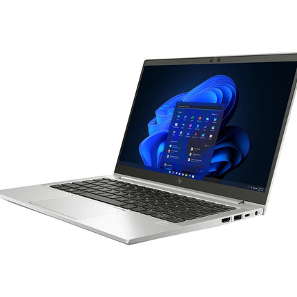 Front angled view of a refurbished HP ProBook 630 G9 laptop with a 13.3-inch display, sleek silver finish, and black keyboard, open and running the Windows 11 home screen. Features include an Intel Core i7-1265U 1.8GHz processor, 16GB DDR4 RAM, 256GB NVMe SSD, and multiple visible side ports. - View 5