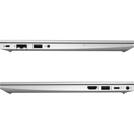 Side view of two silver HP ProBook 630 G9 laptops, both closed to showcase their slim profiles and various ports including USB, HDMI, Ethernet, and headphone jacks. These refurbished 13.3″ laptops feature Intel Core i7-1265U processors, 32GB DDR4 RAM, and 512GB NVMe SSDs for efficient performance. - View 3