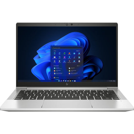 Front view of a silver HP ProBook 630 G9 laptop with a black keyboard, open and displaying the Windows 11 home screen featuring blue abstract shapes. This refurbished 13.3-inch laptop includes an Intel Core i7-1265U processor, 32GB DDR4 RAM, and a 512GB NVMe SSD, shown against a white background. - View 1