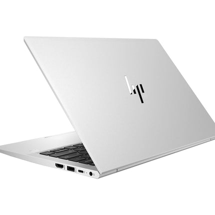 Angled rear view of a silver HP ProBook 630 G9 13.3” laptop, partially open to showcase its keyboard, ports, and HP logo on the lid. This refurbished model features an Intel Core i7-1265U 1.8GHz processor, 32GB DDR4 RAM, and a 512GB NVMe SSD for enhanced performance. - View 4