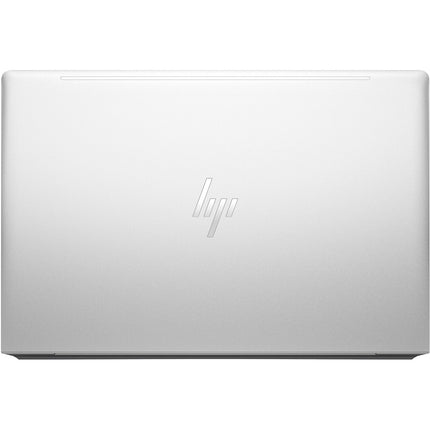 Top view of a closed silver HP ProBook 640 G10 laptop on a plain white background, featuring the centered HP logo on the lid. This refurbished 14” FHD model includes an Intel Core i5-1345U 1.6GHz processor, 32GB DDR4 RAM, and a 512GB NVMe SSD. - View 2