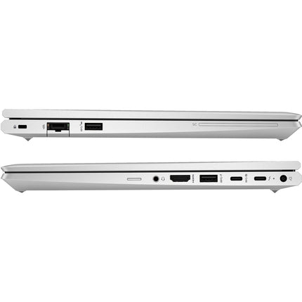Two silver laptops, including an HP ProBook 640 G10 refurbished laptop by HP with a 14” FHD display, Intel Core i5-1345U processor, 32GB DDR4 memory, and a 512GB NVMe SSD, are shown in a side view to highlight various ports—USB, HDMI, Ethernet, headphone jack, and charging ports—against a white background. - View 3