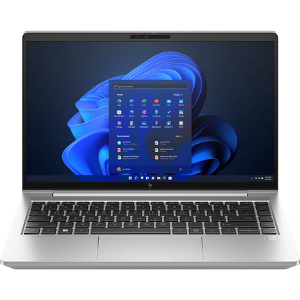 Front view of a silver HP ProBook 640 G10 refurbished 14” FHD laptop, featuring an Intel Core i5-1345U processor, 32GB DDR4 RAM, and a 512GB NVMe SSD. The screen displays the Windows 11 home screen with app icons on a dark blue abstract background, and both keyboard and display are clearly visible. - View 1