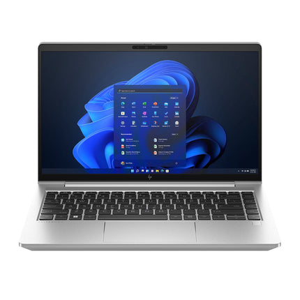 Front view of a refurbished HP ProBook 640 G10 laptop in silver with a black keyboard, featuring a 14” FHD display showing the Windows 11 home screen, Intel Core i5-1345U processor, 32GB DDR4 RAM, and 512GB NVMe SSD, set against a white background. - View 1
