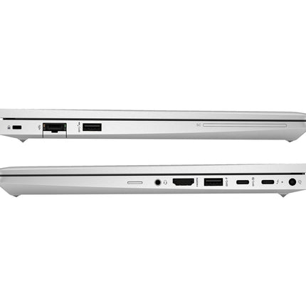 Side views of a slim, silver HP ProBook 640 G10 14” FHD laptop are shown closed, displaying its various ports including USB, HDMI, Ethernet, audio jack, charging ports, and an SD card slot. This refurbished HP laptop features an Intel Core i5-1345U processor, 32GB DDR4 memory, and a 512GB NVMe SSD. - View 3