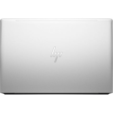 Angled view of a closed HP ProBook 640 G10 laptop with a smooth silver top cover and centered HP logo. This refurbished 14” FHD device features an Intel Core i5-1345U processor, 32GB DDR4 RAM, and 512GB NVMe SSD, highlighting its modern design and high performance. - View 2