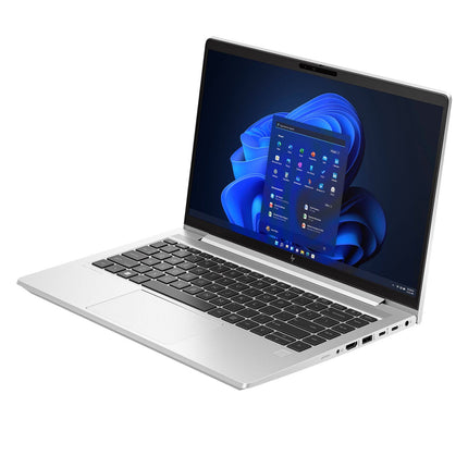 Refurbished HP ProBook 640 G10 laptop in an angled view, displaying a 14″ FHD screen with Windows 11, Intel Core i5-1345U processor, visible right-side ports, and a black keyboard on its silver body. - View 5