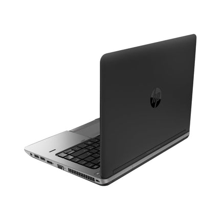 Refurbished HP ProBook 645 G1, 14″ HD, AMD A8-4500M 1.9GHz, 8GB DDR4, 128GB NVMe SSD, angled view showing exterior casing and ports. - View 2