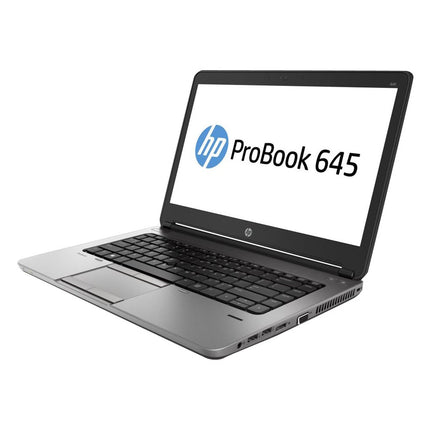Angled view of a silver and black refurbished HP ProBook 645 G1 14″ HD laptop with 1.9GHz AMD A8-4500M processor, 8GB DDR4 RAM, and 128GB NVMe SSD, displaying a brand logo and model name on the screen. - View 3