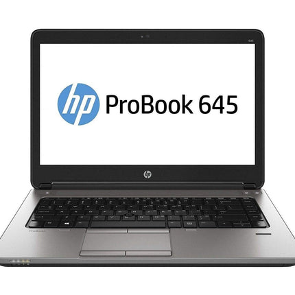 Front view of a refurbished HP ProBook 645 G1 14″ HD laptop with an AMD A8-4500M 1.9GHz processor, 8GB DDR4 RAM, 128GB NVMe SSD, grey chassis, black keyboard, and a screen displaying the product name and brand logo. - View 1