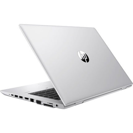 Angled view of a silver refurbished HP ProBook 645 G4, 14″ HD, AMD Ryzen 5 Pro 2500U 2.0GHz, 8GB DDR4, 256GB NVMe SSD laptop, showing the lid and side ports. - View 2