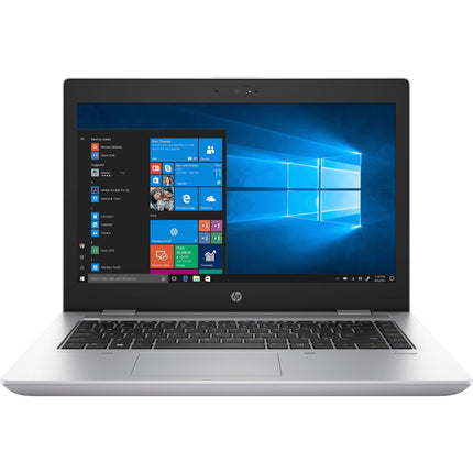 Front view of a silver, refurbished HP ProBook 645 G4 laptop with a 14″ HD display, AMD Ryzen 5 Pro 2500U 2.0GHz processor, 8GB DDR4 RAM, and 256GB NVMe SSD, shown open with the Windows 10 desktop and start menu. - View 1