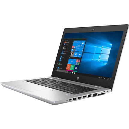 Angled view of a refurbished HP ProBook 645 G4, 14″ HD laptop with AMD Ryzen 5 Pro 2500U, 8GB DDR4, and 256GB NVMe SSD, shown with an open screen displaying the Windows 10 desktop. - View 5