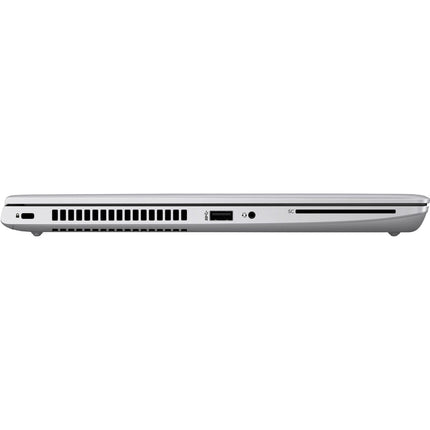 Side view of a refurbished silver HP ProBook 645 G4 laptop, 14″ HD, featuring an AMD Ryzen 5 Pro 2500U, 8GB DDR4, 256GB NVMe SSD, ports, cooling vent, and card reader. - View 4