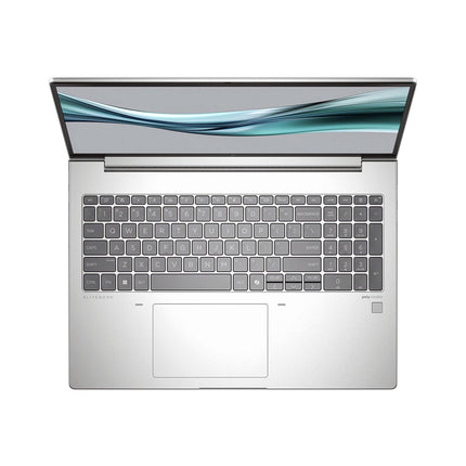 Top view of a refurbished HP ProBook 660 G11 silver laptop, black keyboard, large touchpad, abstract wave screen, 16" FHD. - View 4