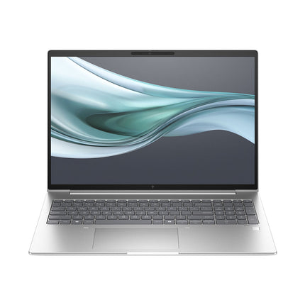 Front view of a refurbished HP ProBook 660 G11 silver laptop with 16” FHD display, keyboard, trackpad, and abstract wave design. - View 1