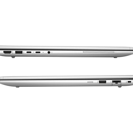 Side view of two silver HP ProBook 660 G11 laptops showing slim profile, ports, and features like Intel Core Ultra 7 and 16" FHD display. - View 3