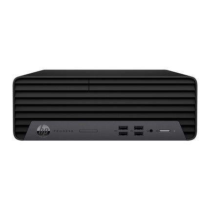 Front view of refurbished HP ProDesk 400 G7 SFF desktop, black case, USB ports, Intel Core i5, 16GB RAM, 512GB SSD. - View 1