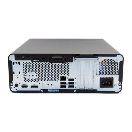 Rear view of a refurbished HP ProDesk 400 G7 SFF desktop, showing its ports, cooling vents, expansion slots, and power supply socket. - View 2