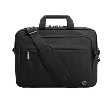 Front view of black HP Renew Carrying Case for 15.6" notebook, ocean-bound plastic, top handle, front zip pocket, HP logo visible. - View 1