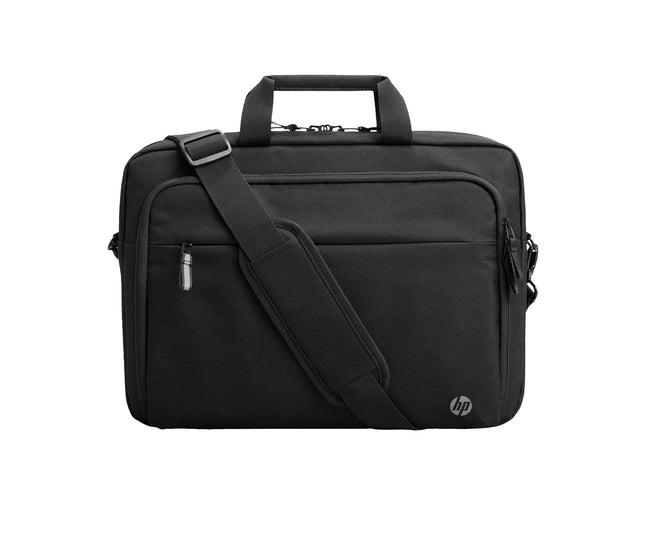 Front view of black HP Renew Carrying Case for 15.6" notebook, ocean-bound plastic, top handle, front zip pocket, HP logo visible.