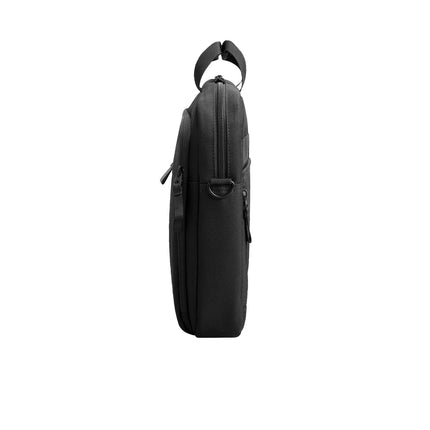 Side view of black HP Renew Carrying Case for 15.6" notebook, zipper closure, top handle, on white background. Brand: HP. - View 3