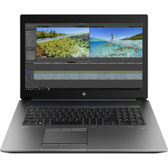 Angled view of a refurbished HP ZBook 17 G6 laptop by HP, displaying vivid beach and underwater video editing scenes on its 15.6-inch screen, set against a white background; equipped with an Intel Core i7-9750H processor, 32GB DDR4 RAM, 512GB NVMe SSD, and Nvidia Quadro T1000 4GB graphics card.