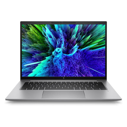Front view of a refurbished silver HP ZBOOK FIREFLY 14 G10 A laptop with a 14” FHD display, AMD Ryzen 5 7640HS processor, 32GB DDR4 RAM, and a 1TB NVMe SSD, open against a white background. The screen displays a vibrant abstract burst in green, blue, and purple hues. - View 1