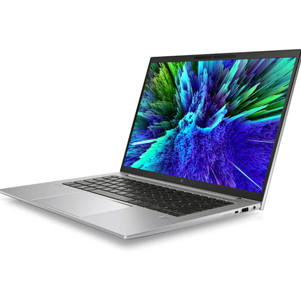 Front view of a silver HP ZBOOK FIREFLY 14 G10 A laptop by HP, open on a white background. The 14” FHD display showcases a vibrant abstract image in blue, green, and purple tones. This refurbished device features an AMD Ryzen 5 7640HS processor, 32GB DDR4 RAM, and a 1TB NVMe SSD for sleek style and high performance. - View 3